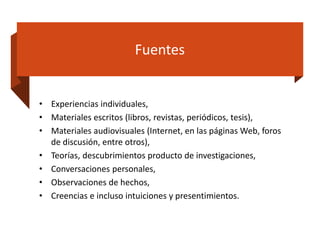 Fuentes
• Experiencias individuales,
• Materiales escritos (libros, revistas, periódicos, tesis),
• Materiales audiovisuales (Internet, en las páginas Web, foros
de discusión, entre otros),
• Teorías, descubrimientos producto de investigaciones,
• Conversaciones personales,
• Observaciones de hechos,
• Creencias e incluso intuiciones y presentimientos.
 