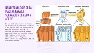 NANOTECNOLOGÍADELA
MADERAPARALA
SEPARACIONDEAGUAY
ACEITE
Se han dedicado enormes esfuerzos
al desarrollo de enfoques efectivos
y ecológicos para la separación de
mezclas de agua y aceite. Se
obtiene una plantilla de madera
deslignificada con características
hidrofílicas mediante la
eliminación de la lignina
https://pubs.acs.org/doi/abs/10.102
1/acsnano.8b00005
 
