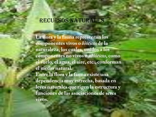 RECURSOS NATURALESLa flora y la fauna representan los componentes vivos o bióticos de la naturaleza, los cuales, unidos a los componentes no vivos o abióticos, como el suelo, el agua, el aire, etc., conforman el medio natural. Entre la flora y la fauna existe una dependencia muy estrecha, basada en leyes naturales que rigen la estructura y funciones de las asociaciones de seres vivos. 