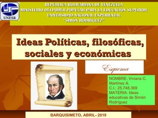   Ideas Políticas, filosóficas,Ideas Políticas, filosóficas,
sociales y económicassociales y económicas
REPÚBLICA BOLIVARIANA DE VENEZUELAREPÚBLICA BOLIVARIANA DE VENEZUELA
MINISTERIO DELPODER POPULAR PARA LA EDUCACIÓN SUPERIORMINISTERIO DELPODER POPULAR PARA LA EDUCACIÓN SUPERIOR
UNIVERSIDAD NACIONAL EXPERIENTALUNIVERSIDAD NACIONAL EXPERIENTAL
““SIMÓN RODRÍGUEZ”SIMÓN RODRÍGUEZ”
NOMBRE: Viviana C.
Martínez A.
C.I.: 25.748.369
MATERIA: Ideas
educativas de Simón
Rodríguez
Esquema
BARQUISIMETO, ABRIL- 2019
 