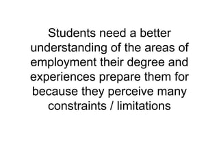 Students need a better
understanding of the areas of
employment their degree and
experiences prepare them for
because they perceive many
constraints / limitations
 