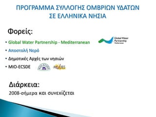 ΠΡΟΓΡΑΜΜΑ ΣΥΛΛΟΓΗΣ ΟΜΒΡΙΩΝ ΥΔΑΤΩΝ 
ΣΕ ΕΛΛΗΝΙΚΑ ΝΗΣΙΑ 
Φορείς: 
• Global Water Partnership - Mediterranean 
• Αποστολή Νερό 
• Δημοτικές Αρχές των νησιών 
• MIO-ECSDE 
Διάρκεια: 
2008-σήμερα και συνεχίζεται 
 