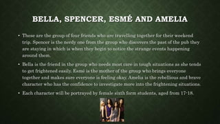 BELLA, SPENCER, ESMÉ AND AMELIA
• These are the group of four friends who are travelling together for their weekend
trip. Spencer is the nerdy one from the group who discovers the past of the pub they
are staying in which is when they begin to notice the strange events happening
around them.
• Bella is the friend in the group who needs most care in tough situations as she tends
to get frightened easily. Esmé is the mother of the group who brings everyone
together and makes sure everyone is feeling okay. Amelia is the rebellious and brave
character who has the confidence to investigate more into the frightening situations.
• Each character will be portrayed by female sixth form students, aged from 17-18.
 