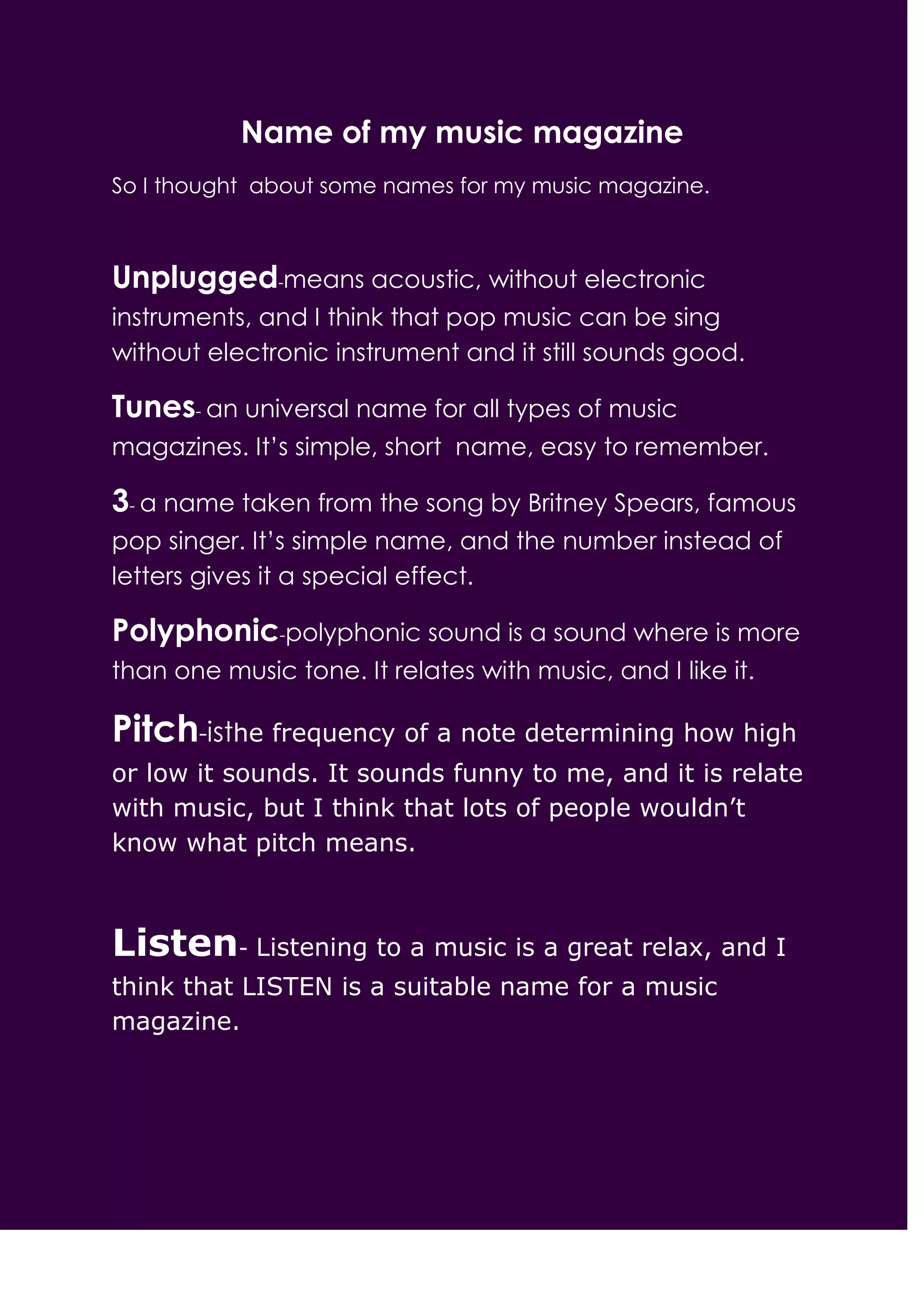 Ideas of a name for my music magazine | DOCX