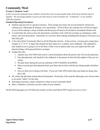 Community Meal

p.11

Version 1: Students “cook”
In this version of community meal, students roll up their sleeves and actually make all the food and then enjoy it
together. We encourage families to join us for this meal as well to broaden our “Community” to our students
AND their families.
Standard Operating Procedures:
● Students sign up to be in a group in advance. These groups have been, but are not limited to: bread
crew, cooking crew, tablescapes & furniture crew, decorations. Of all of these, the cooking crew will be
the largest as you will be making a variety of dishes and that group will need to be divided to
accomplish all that work.
● A week before the meal we have the decorations committee work a little bit everyday on centerpieces,
table menus, and room decorations. Sometimes we even have them making something that all guests
will receive as a take home gift.
● A few days before Community Meal we do the Placemat Activity. In this activity, everyone gets a large
piece of paper, 8 ½” X 11” or larger that already has their name on it, a marker, and a clipboard. The
clipboard is only needed if you’re going to sit on the floor, if that is not an option make sure you explain
the flow and direction things will be passed before you begin.
● Explain the rules:
1. students may write ONE kind word or a short kind phrase about the person who will own the
placemat.
2. Pass that placemat, still attached to the clipboard, to the person on their left (this applies if they
are in a circle).
3. We play music during this activity and there is NO TALKING ALLOWED.
4. Once everyone gets their placemat back, give them time to look at all the nice things people said
about them.
5. Eyes on what you’re doing at all times. If you can’t talk AND watch what your hands are doing,
then don’t talk.
● We collect the placemats and get them all laminated. On the day of the meal the tablescape crew will
use them to set up the “tables” for the meal.
● Encourage musicians, singers, and poets to share at your Community Meal!
● Show a slideshow of pictures you have taken of your students.
On the following pages you will find some recipes we have used that do NOT require an oven or stove:

 