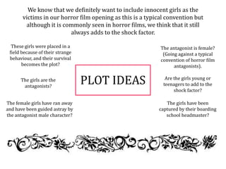 PLOT IDEAS
We know that we definitely want to include innocent girls as the
victims in our horror film opening as this is a typical convention but
although it is commonly seen in horror films, we think that it still
always adds to the shock factor.
These girls were placed in a
field because of their strange
behaviour, and their survival
becomes the plot?
The girls have been
captured by their boarding
school headmaster?
The girls are the
antagonists?
The antagonist is female?
(Going against a typical
convention of horror film
antagonists).
Are the girls young or
teenagers to add to the
shock factor?
The female girls have ran away
and have been guided astray by
the antagonist male character?
 