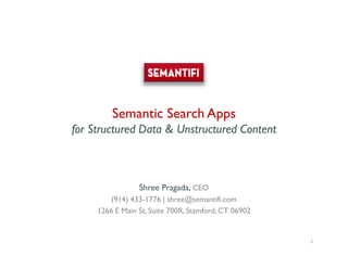 Semantic Search Apps
        for Structured Data & Unstructured Content



                                 Shree Pragada, CEO
                     (914) 433-1776 | shree@semantifi.com
                 1266 E Main St, Suite 700R, Stamford, CT 06902


Shree Pragada, CEO Shree@semantifi.com 914-433-1776 Vishy Dasari, CTO Vishy@semantifi.com
                                                                                            1
                                      404.218.4145
 