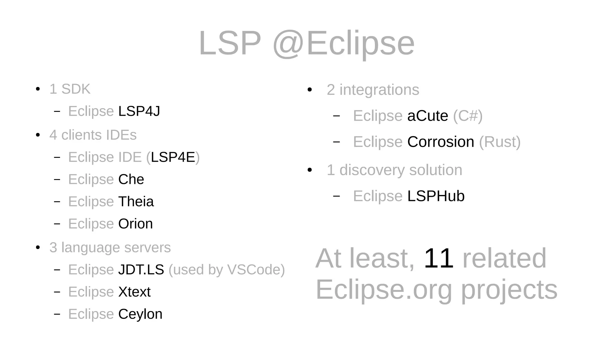 LSP @Eclipse
● 1 SDK
– Eclipse LSP4J
● 4 clients IDEs
– Eclipse IDE (LSP4E)
– Eclipse Che
– Eclipse Theia
– Eclipse Orion
● 3 language servers
– Eclipse JDT.LS (used by VSCode)
– Eclipse Xtext
– Eclipse Ceylon
● 2 integrations
– Eclipse aCute (C#)
– Eclipse Corrosion (Rust)
● 1 discovery solution
– Eclipse LSPHub
At least, 11 related
Eclipse.org projects
 
