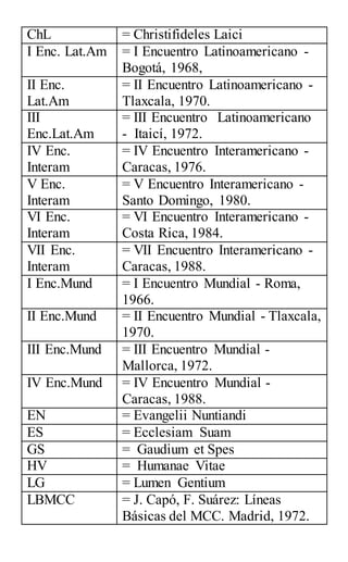 ChL = Christifideles Laici
I Enc. Lat.Am = I Encuentro Latinoamericano -
Bogotá, 1968,
II Enc.
Lat.Am
= II Encuentro Latinoamericano -
Tlaxcala, 1970.
III
Enc.Lat.Am
= III Encuentro Latinoamericano
- Itaicí, 1972.
IV Enc.
Interam
= IV Encuentro Interamericano -
Caracas, 1976.
V Enc.
Interam
= V Encuentro Interamericano -
Santo Domingo, 1980.
VI Enc.
Interam
= VI Encuentro Interamericano -
Costa Rica, 1984.
VII Enc.
Interam
= VII Encuentro Interamericano -
Caracas, 1988.
I Enc.Mund = I Encuentro Mundial - Roma,
1966.
II Enc.Mund = II Encuentro Mundial - Tlaxcala,
1970.
III Enc.Mund = III Encuentro Mundial -
Mallorca, 1972.
IV Enc.Mund = IV Encuentro Mundial -
Caracas, 1988.
EN = Evangelii Nuntiandi
ES = Ecclesiam Suam
GS = Gaudium et Spes
HV = Humanae Vitae
LG = Lumen Gentium
LBMCC = J. Capó, F. Suárez: Líneas
Básicas del MCC. Madrid, 1972.
 