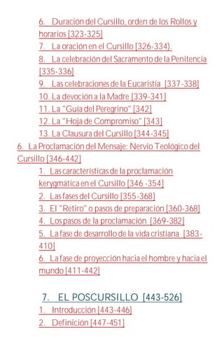 6. Duración del Cursillo, orden de los Rollos y
horarios [323-325]
7. La oración en el Cursillo [326-334).
8. La celebración del Sacramentode la Penitencia
[335-336]
9. Las celebracionesde la Eucaristía [337-338]
10. La devoción a la Madre [339-341]
11. La "Guía del Peregrino" [342]
12. La "Hoja de Compromiso" [343]
13. La Clausura del Cursillo[344-345]
6. La Proclamación del Mensaje: NervioTeológicodel
Cursillo [346-442]
1. Lascaracterísticasde la proclamación
kerygmática en el Cursillo [346 -354]
2. Lasfasesdel Cursillo [355-368]
3. El "Retiro" o pasos de preparación [360-368]
4. Lospasos de la proclamación [369-382]
5. La fase de desarrollode la vida cristiana [383-
410]
6. La fase de proyección hacia el hombre y hacia el
mundo[411-442]
7. EL POSCURSILLO [443-526]
1. Introducción [443-446]
2. Definición [447-451]
 