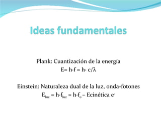 Plank: Cuantización de la energía E= h·f = h· c/ λ Einstein: Naturaleza dual de la luz, onda-fotones E luz  = h·f luz  = h·f 0  – Ecinética e - 