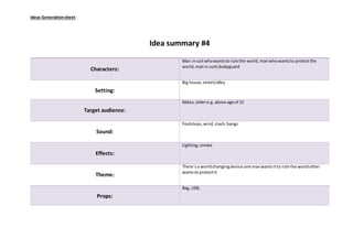 Ideas Generationsheet
Idea summary #4
Characters:
Man insuitwhowantsto rule the world,manwhowantsto protectthe
world,manin suitsbodyguard
Setting:
Big house,street/alley
Target audience:
Males,oldere.g. above age of 15
Sound:
Footsteps,wind,crash,bangs
Effects:
Lighting,smoke
Theme:
There’sa worldchangingdevice one manwantsitto rule the worldother
wantsto protectit
Props:
Bag, USB,
 