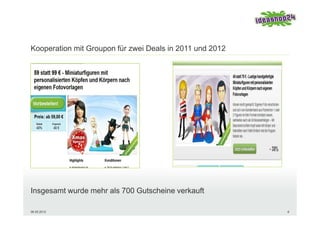 Kooperation mit Groupon für zwei Deals in 2011 und 2012




Insgesamt wurde mehr als 700 Gutscheine verkauft

06.05.2012                                                6
 