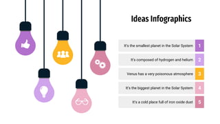Ideas Infographics
It’s the smallest planet in the Solar System
Venus has a very poisonous atmosphere
It’s the biggest planet in the Solar System
It’s composed of hydrogen and helium
It’s a cold place full of iron oxide dust
1
3
4
2
5
 