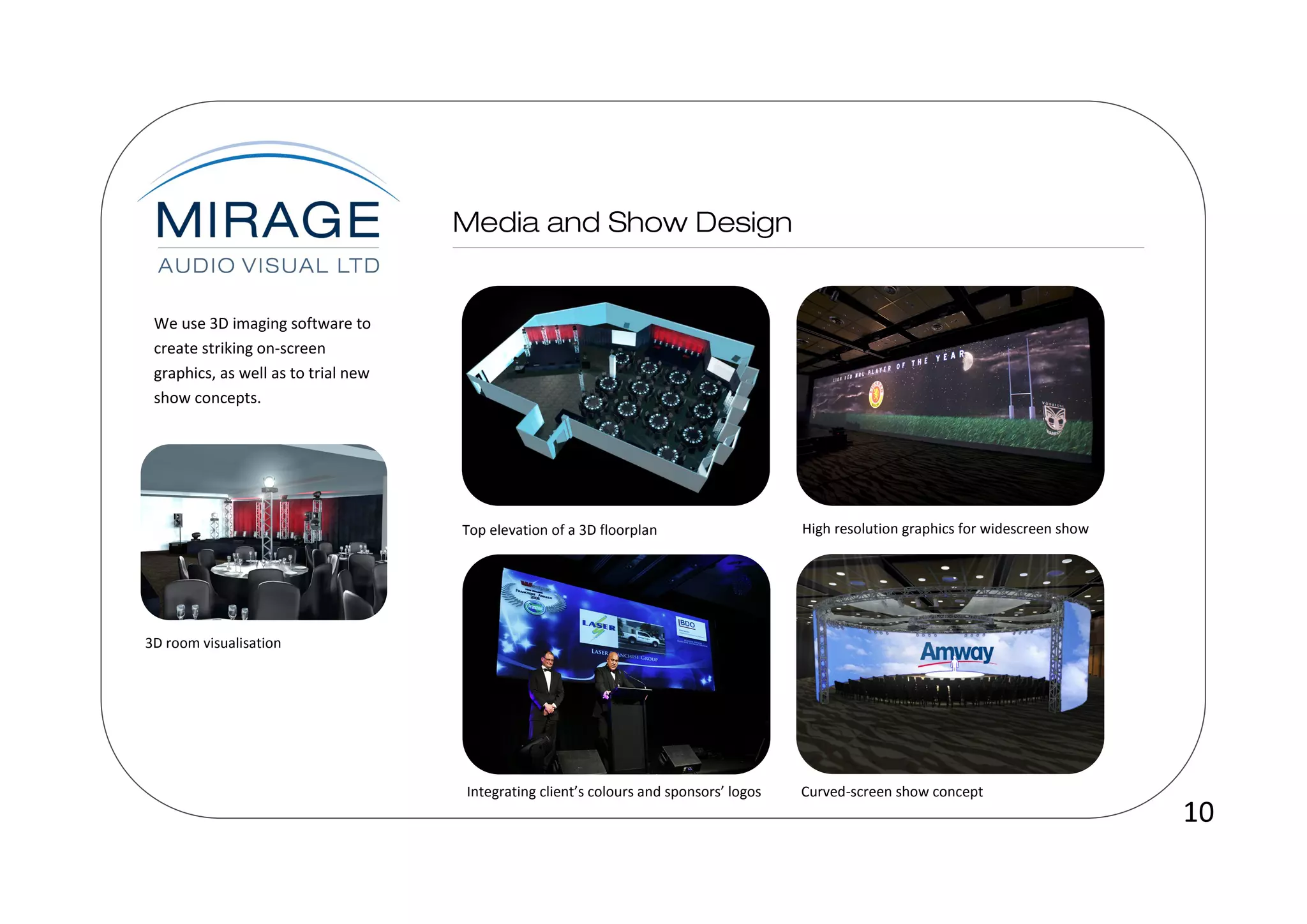 We use 3D imaging software to
 create striking on-screen
 graphics, as well as to trial new
 show concepts.




                                     Top elevation of a 3D floorplan                    High resolution graphics for widescreen show




3D room visualisation




                                     Integrating client’s colours and sponsors’ logos   Curved-screen show concept
                                                                                                                                       10
 