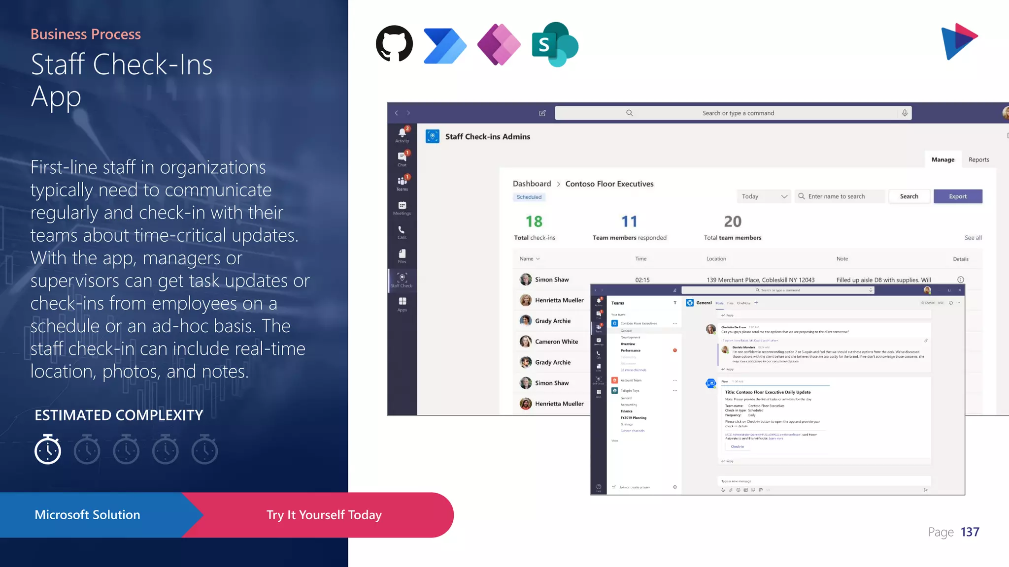 Page 137
ESTIMATED COMPLEXITY
Staff Check-Ins
App
Business Process
First-line staff in organizations
typically need to communicate
regularly and check-in with their
teams about time-critical updates.
With the app, managers or
supervisors can get task updates or
check-ins from employees on a
schedule or an ad-hoc basis. The
staff check-in can include real-time
location, photos, and notes.
Try It Yourself Today
Microsoft Solution
 