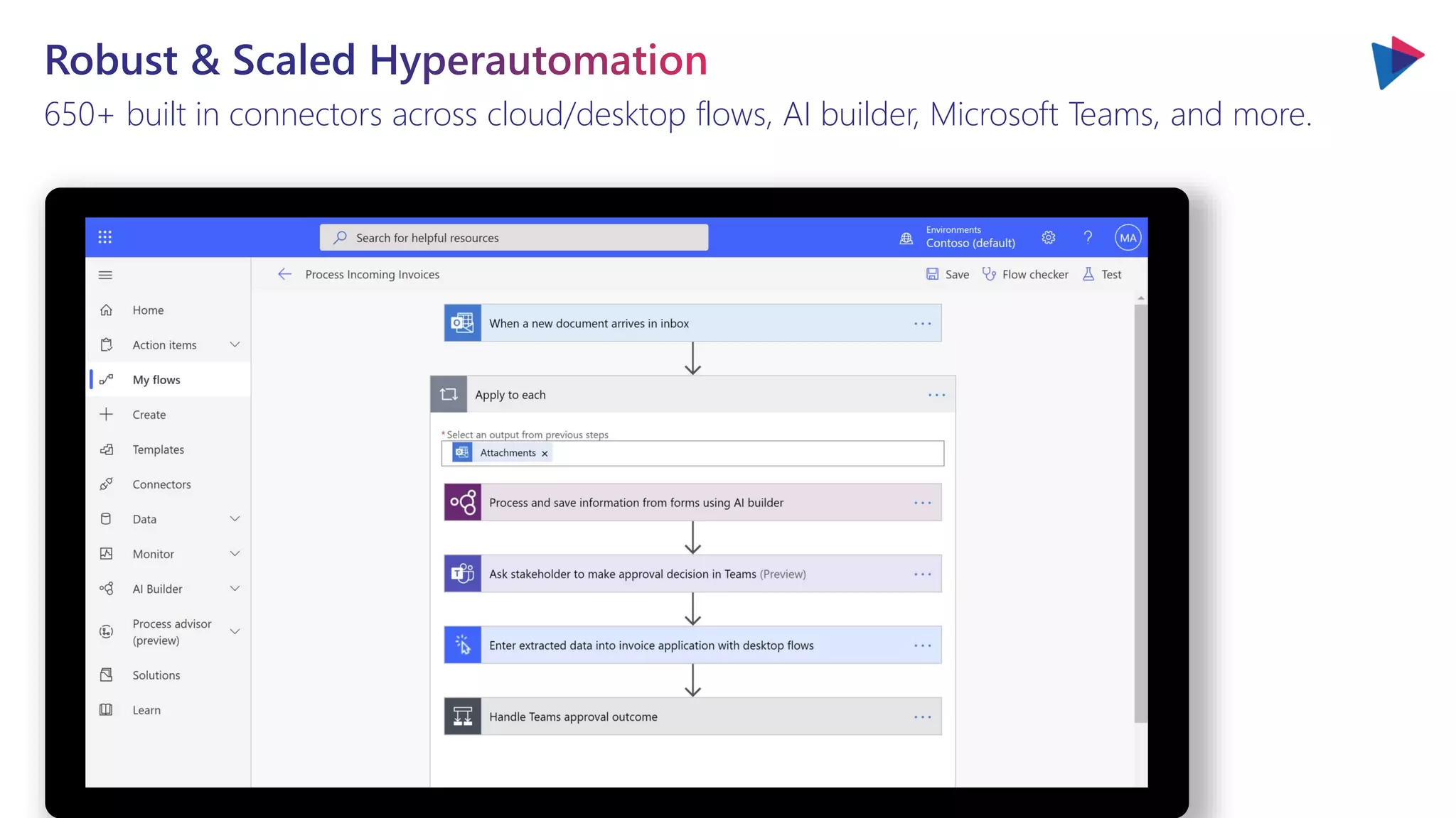 650+ built in connectors across cloud/desktop flows, AI builder, Microsoft Teams, and more.
 