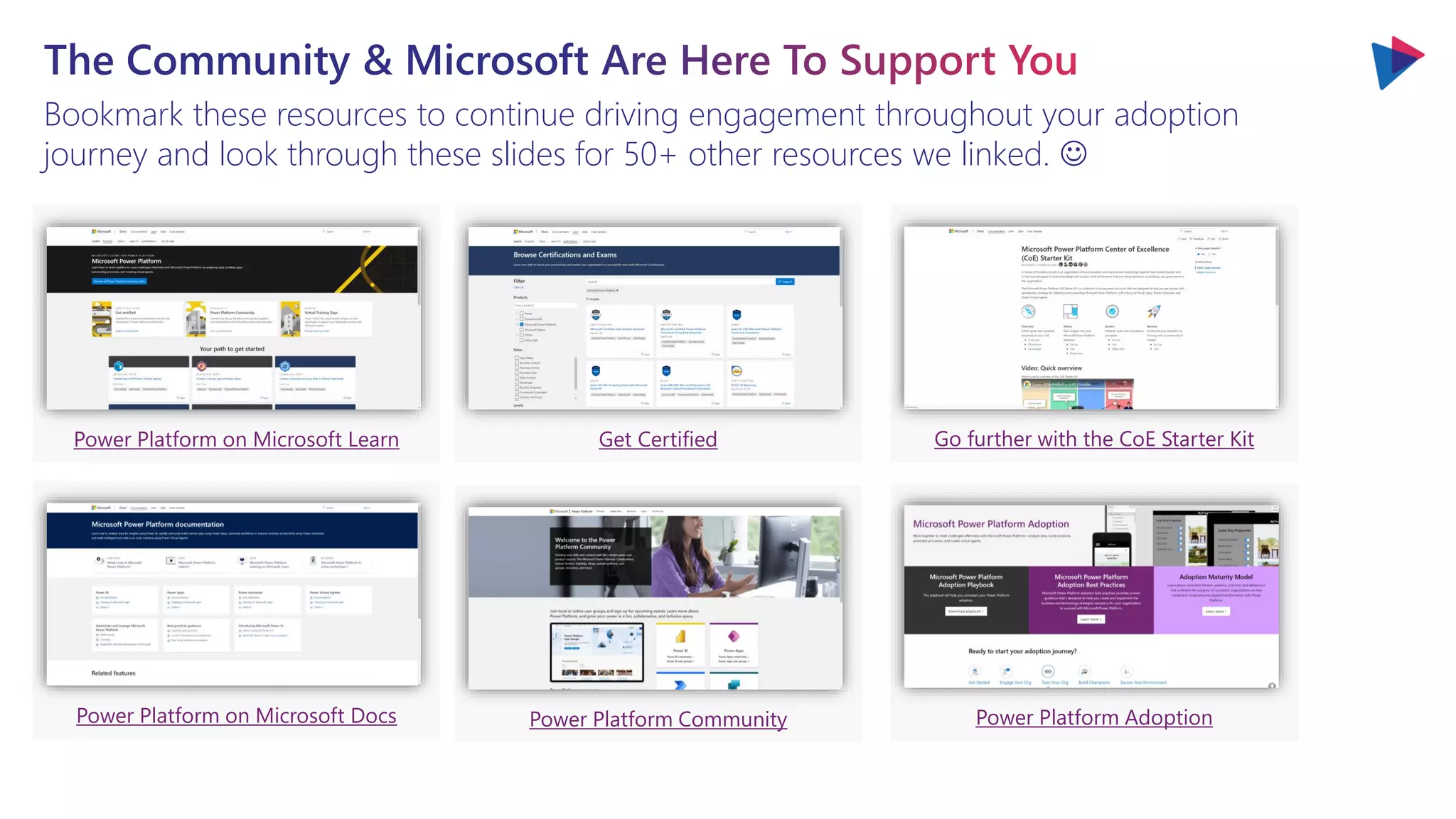 Bookmark these resources to continue driving engagement throughout your adoption
journey and look through these slides for 50+ other resources we linked. ☺
Power Platform on Microsoft Learn Get Certified Go further with the CoE Starter Kit
Power Platform on Microsoft Docs Power Platform Community Power Platform Adoption
 