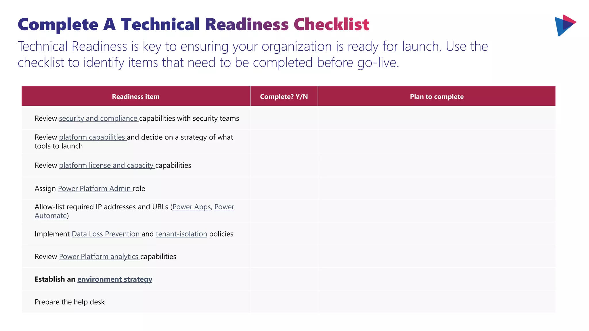 Technical Readiness is key to ensuring your organization is ready for launch. Use the
checklist to identify items that need to be completed before go-live.
Readiness item Complete? Y/N Plan to complete
Review security and compliance capabilities with security teams
Review platform capabilities and decide on a strategy of what
tools to launch
Review platform license and capacity capabilities
Assign Power Platform Admin role
Allow-list required IP addresses and URLs (Power Apps, Power
Automate)
Implement Data Loss Prevention and tenant-isolation policies
Review Power Platform analytics capabilities
Establish an environment strategy
Prepare the help desk
 