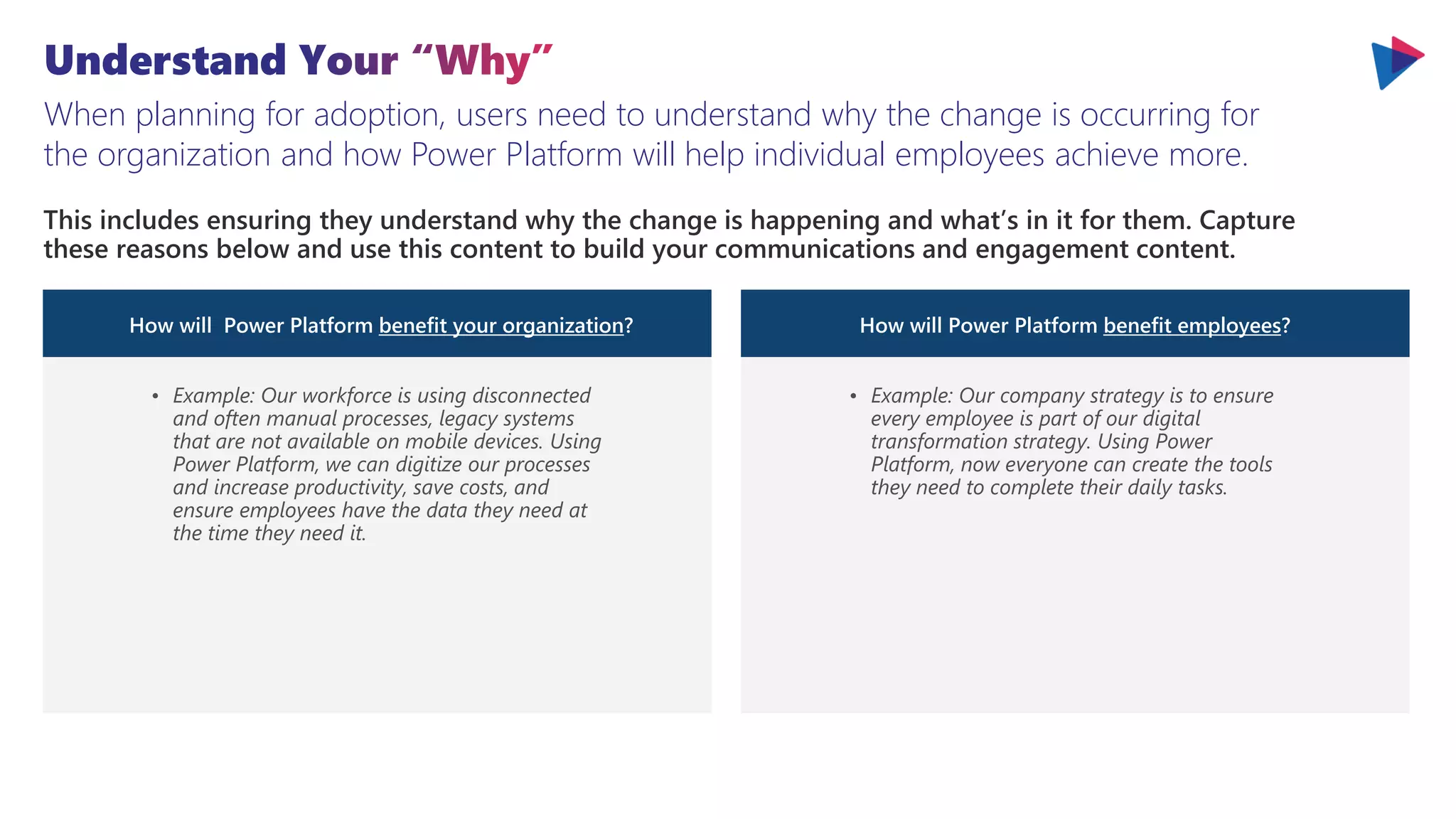 When planning for adoption, users need to understand why the change is occurring for
the organization and how Power Platform will help individual employees achieve more.
• Example: Our company strategy is to ensure
every employee is part of our digital
transformation strategy. Using Power
Platform, now everyone can create the tools
they need to complete their daily tasks.
• Example: Our workforce is using disconnected
and often manual processes, legacy systems
that are not available on mobile devices. Using
Power Platform, we can digitize our processes
and increase productivity, save costs, and
ensure employees have the data they need at
the time they need it.
How will Power Platform benefit your organization? How will Power Platform benefit employees?
This includes ensuring they understand why the change is happening and what’s in it for them. Capture
these reasons below and use this content to build your communications and engagement content.
 