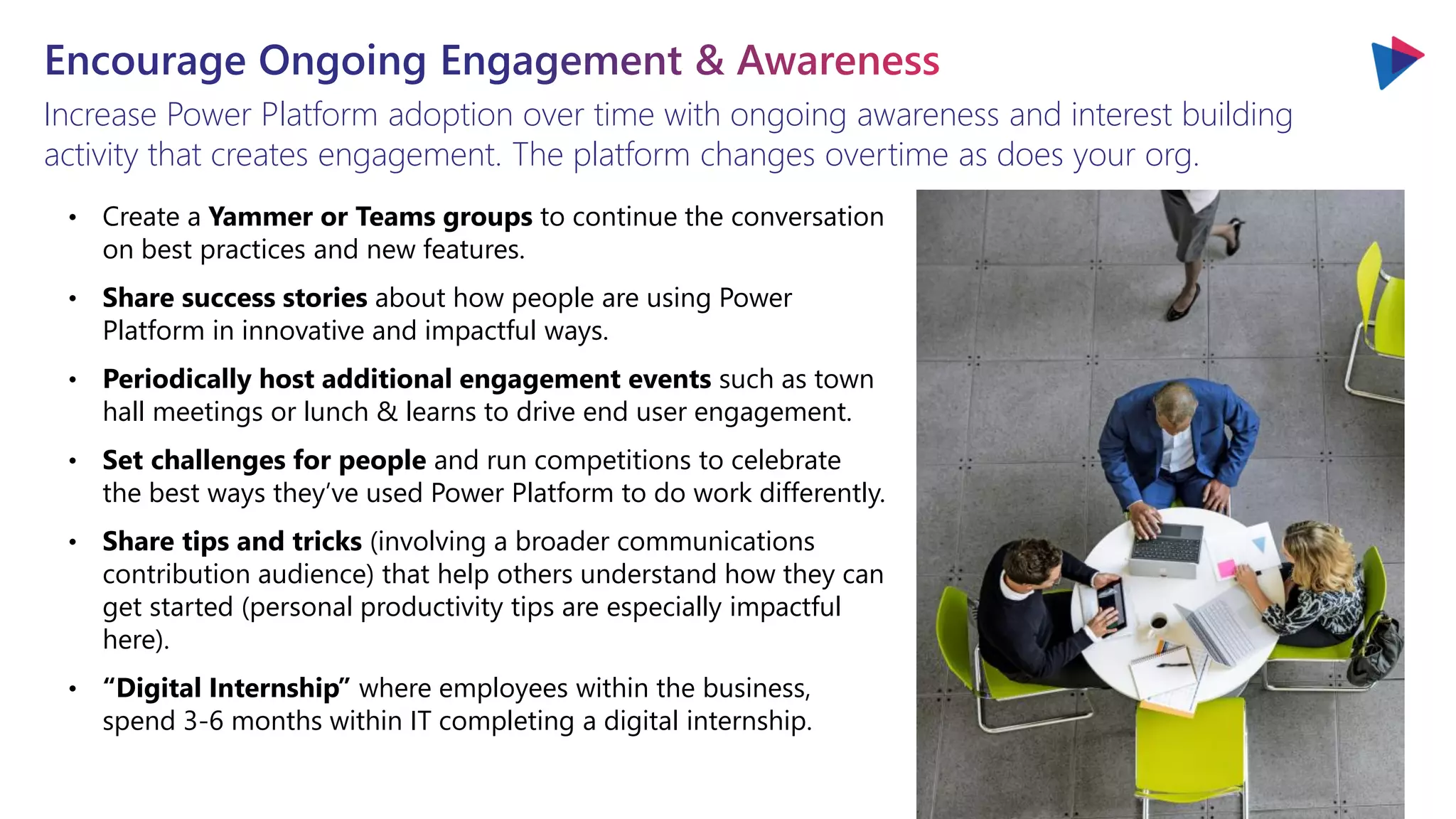 Increase Power Platform adoption over time with ongoing awareness and interest building
activity that creates engagement. The platform changes overtime as does your org.
• Create a Yammer or Teams groups to continue the conversation
on best practices and new features.
• Share success stories about how people are using Power
Platform in innovative and impactful ways.
• Periodically host additional engagement events such as town
hall meetings or lunch & learns to drive end user engagement.
• Set challenges for people and run competitions to celebrate
the best ways they’ve used Power Platform to do work differently.
• Share tips and tricks (involving a broader communications
contribution audience) that help others understand how they can
get started (personal productivity tips are especially impactful
here).
• “Digital Internship” where employees within the business,
spend 3-6 months within IT completing a digital internship.
 