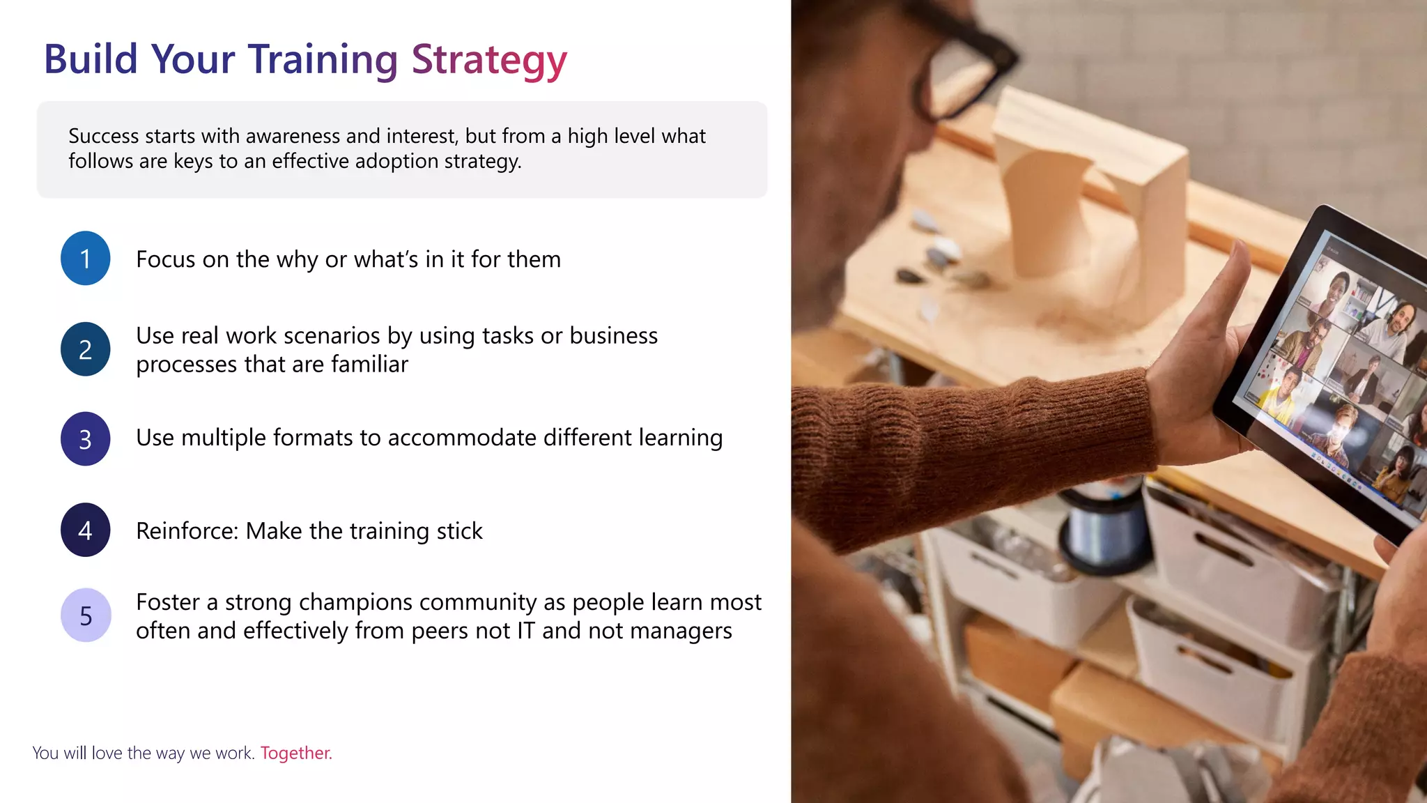 You will love the way we work. Together.
Success starts with awareness and interest, but from a high level what
follows are keys to an effective adoption strategy.
Focus on the why or what’s in it for them
1
Use real work scenarios by using tasks or business
processes that are familiar
2
Use multiple formats to accommodate different learning
3
Reinforce: Make the training stick
4
Foster a strong champions community as people learn most
often and effectively from peers not IT and not managers
5
 