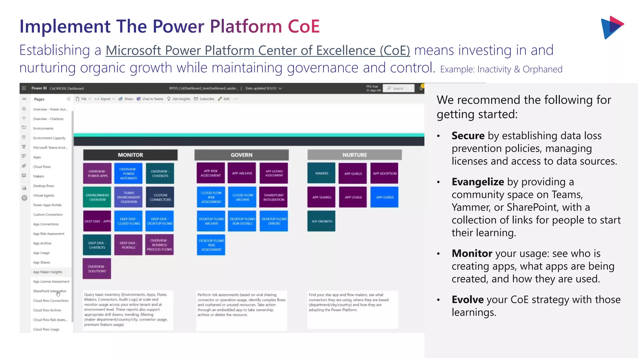 Establishing a Microsoft Power Platform Center of Excellence (CoE) means investing in and
nurturing organic growth while maintaining governance and control. Example: Inactivity & Orphaned
We recommend the following for
getting started:
• Secure by establishing data loss
prevention policies, managing
licenses and access to data sources.
• Evangelize by providing a
community space on Teams,
Yammer, or SharePoint, with a
collection of links for people to start
their learning.
• Monitor your usage: see who is
creating apps, what apps are being
created, and how they are used.
• Evolve your CoE strategy with those
learnings.
 