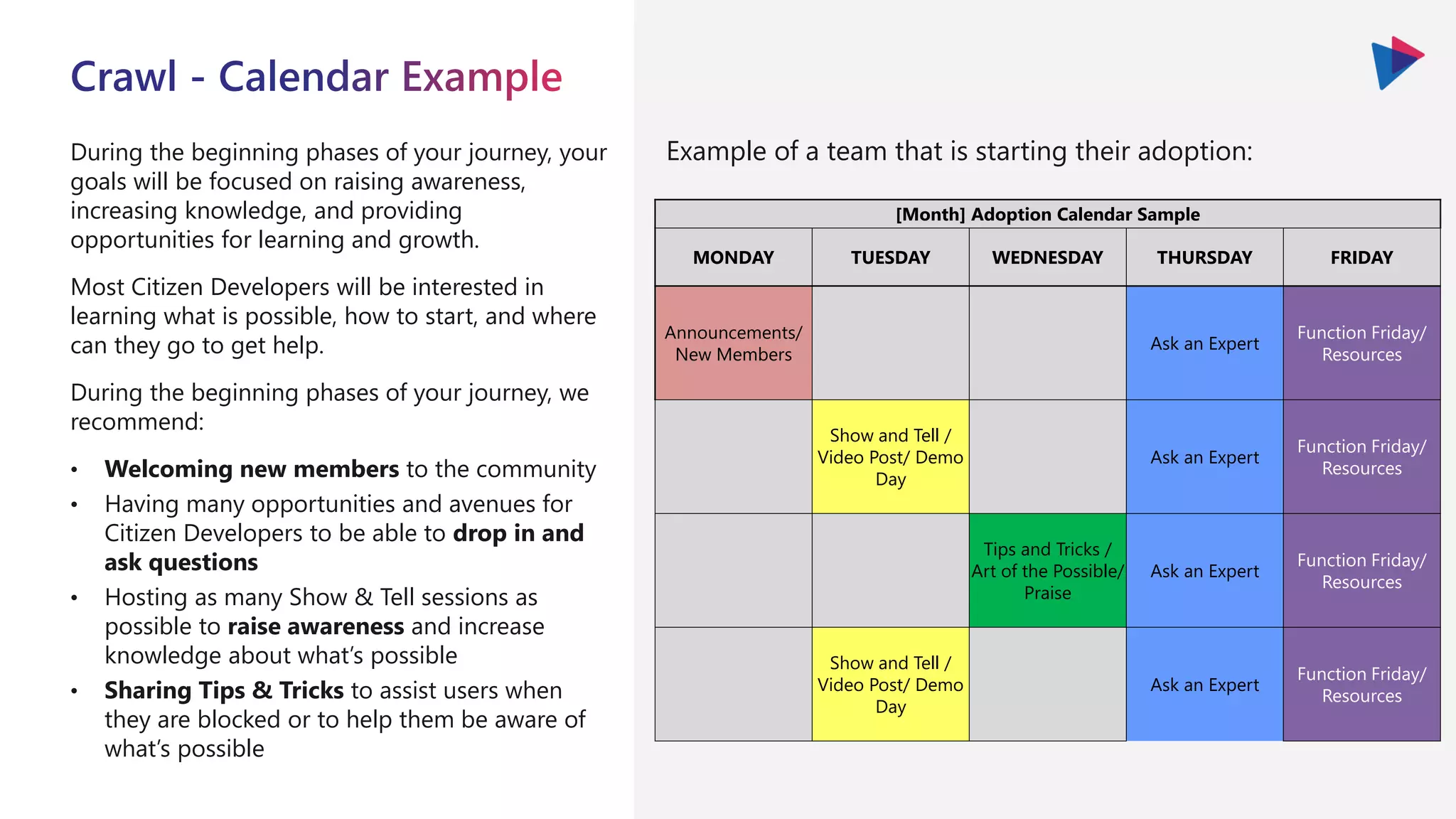 During the beginning phases of your journey, your
goals will be focused on raising awareness,
increasing knowledge, and providing
opportunities for learning and growth.
Most Citizen Developers will be interested in
learning what is possible, how to start, and where
can they go to get help.
During the beginning phases of your journey, we
recommend:
• Welcoming new members to the community
• Having many opportunities and avenues for
Citizen Developers to be able to drop in and
ask questions
• Hosting as many Show & Tell sessions as
possible to raise awareness and increase
knowledge about what’s possible
• Sharing Tips & Tricks to assist users when
they are blocked or to help them be aware of
what’s possible
Example of a team that is starting their adoption:
[Month] Adoption Calendar Sample
MONDAY TUESDAY WEDNESDAY THURSDAY FRIDAY
Announcements/
New Members
Ask an Expert
Function Friday/
Resources
Show and Tell /
Video Post/ Demo
Day
Ask an Expert
Function Friday/
Resources
Tips and Tricks /
Art of the Possible/
Praise
Ask an Expert
Function Friday/
Resources
Show and Tell /
Video Post/ Demo
Day
Ask an Expert
Function Friday/
Resources
 