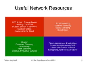 Useful Network Resources 
CEO 4 Hire / Troubleshooter 
Lending £1m-£20M 
Investor Search  Selection 
Startup Funding 
Harnessing the Cloud 
Social Marketing 
Guerrilla Marketing 
Digital Marketing 
Social Sales 
Team Assessment  Motivation 
Project Management eg Trello 
Lean Collaboration Software 
Entrepreneurial Success Cultures 
Ideation 
Customer Discovery 
Prototyping 
Tech Solutions 
Creative, Innovative Cultures 
Twitter - innov8tor3 (c) Blue Oyster Business Growth 2014 19 
 
