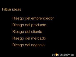 Filtrar ideas
!
Riesgo del emprendedor
!
Riesgo del producto
!
Riesgo del cliente
!
Riesgo del mercado
!
Riesgo del negocio
 