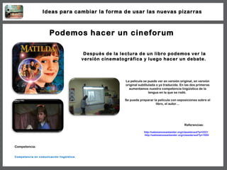 Podemos hacer un cineforum Después de la lectura de un libro podemos ver la versión cinematográfica y luego hacer un debat...
