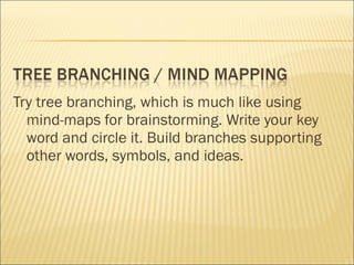 Try tree branching, which is much like using
mind-maps for brainstorming. Write your key
word and circle it. Build branches supporting
other words, symbols, and ideas.
 