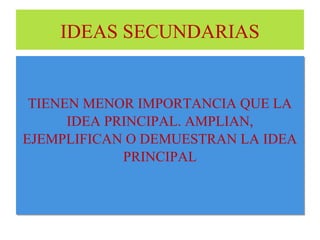 IDEAS SECUNDARIAS 
TIENEN MENOR IMPORTANCIA QUE LA 
IDEA PRINCIPAL. AMPLIAN, 
EJEMPLIFICAN O DEMUESTRAN LA IDEA 
PRINCIPAL 
 