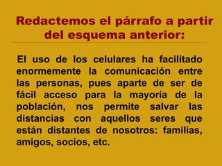 Redactemos el párrafo a partir
del esquema anterior:
El uso de los celulares ha facilitado
enormemente la comunicación entre
las personas, pues aparte de ser de
fácil acceso para la mayoría de la
población, nos permite salvar las
distancias con aquellos seres que
están distantes de nosotros: familias,
amigos, socios, etc.
 