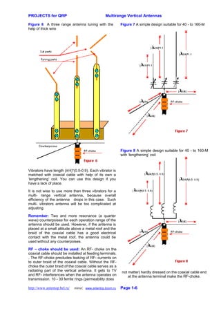 PROJECTS for QRP Multirange Vertical Antennas
Figure 6 A three range antenna tuning with the
help of thick wire
Vibrators have length (λ/4)*(0.5-0.9). Each vibrator is
matched with coaxial cable with help of its own a
‘lengthening’ coil. You can use this design if you
have a lack of place.
It is not wise to use more than three vibrators for a
multi- range vertical antenna, because overall
efficiency of the antenna drops in this case. Such
multi- vibrators antenna will be too complicated at
adjusting.
Remember: Two and more resonance (a quarter
wave) counterpoises for each operation range of the
antenna should be used. However, if the antenna is
placed at a small altitude above a metal roof and the
braid of the coaxial cable has a good electrical
contact with the metal roof, the antenna could be
used without any counterpoises.
RF – choke should be used: An RF- choke on the
coaxial cable should be installed at feeding terminals.
. The RF-choke precludes leaking of RF- currents on
to outer braid of the coaxial cable. Without the RF-
choke the outer braid of the coaxial cable serves as a
radiating part of the vertical antenna. It gets to TV
and RF- interferences when the antenna operates on
transmission. 10 - 30 ferrite rings (permeability does
Figure 7 A simple design suitable for 40 - to 160-M
Figure 8 A simple design suitable for 40 - to 160-M
with ‘lengthening’ coil
not matter) hardly dressed on the coaxial cable end
at the antenna terminal make the RF-choke.
http://www.antentop.bel.ru/ mirror: www.antentop.boom.ru Page 1-6
 