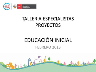 TALLER A ESPECIALISTAS
PROYECTOS
EDUCACIÓN INICIAL
FEBRERO 2013
 