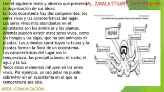 6/5/2018
2
Lee el siguiente texto y observa que presenta
la organización de sus ideas:
En todo ecosistema hay dos componentes: los
seres vivos y las características del lugar.
Los seres vivos más abundantes en el
ecosistema son los animales y las plantas.
Además pueden existir otros seres vivos, como
los hongos y las algas, que no son animales ni
plantas. Los animales constituyen la fauna y las
plantas forman la flora de un ecosistema.
Las características del lugar son la
temperatura, las precipitaciones, el suelo, el
agua y la luz.
Todos estos elementos influyen en los seres
vivos. Por ejemplo, un oso polar no puede
sobrevivir en un ecosistema en el que la
temperatura sea alta.
 