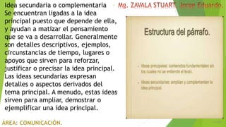 6/5/2018
4
Idea secundaria o complementaria
Se encuentran ligadas a la idea
principal puesto que depende de ella,
y ayudan a matizar el pensamiento
que se va a desarrollar. Generalmente
son detalles descriptivos, ejemplos,
circunstancias de tiempo, lugares o
apoyos que sirven para reforzar,
justificar o precisar la idea principal.
Las ideas secundarias expresan
detalles o aspectos derivados del
tema principal. A menudo, estas ideas
sirven para ampliar, demostrar o
ejemplificar una idea principal.
 
