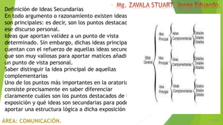 6/5/2018
6
Definición de Ideas Secundarias
En todo argumento o razonamiento existen ideas que
son principales: es decir, son los puntos destacados de
ese discurso personal.
Ideas que aportan validez a un punto de vista
determinado. Sin embargo, dichas ideas principales
cuentan con el refuerzo de aquellas ideas secundarias
que son muy valiosas para aportar matices añadidos a
un punto de vista personal.
Saber distinguir la idea principal de aquellas
complementarias
Uno de los puntos más importantes en la oratoria
consiste precisamente en saber diferenciar
claramente cuáles son los puntos destacados de la
exposición y qué ideas son secundarias para poder
aportar una estructura lógica a dicha exposición oral.
 