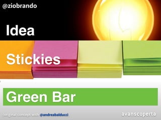 #CDays14 – Milano 25, 26 e 27 Febbraio 2014
Idea —> Post-It —>
Test Verdi
Idea
Stickies
Green Bar
avanscoperta
@ziobrando
(original concept with @andreabalducci)
 