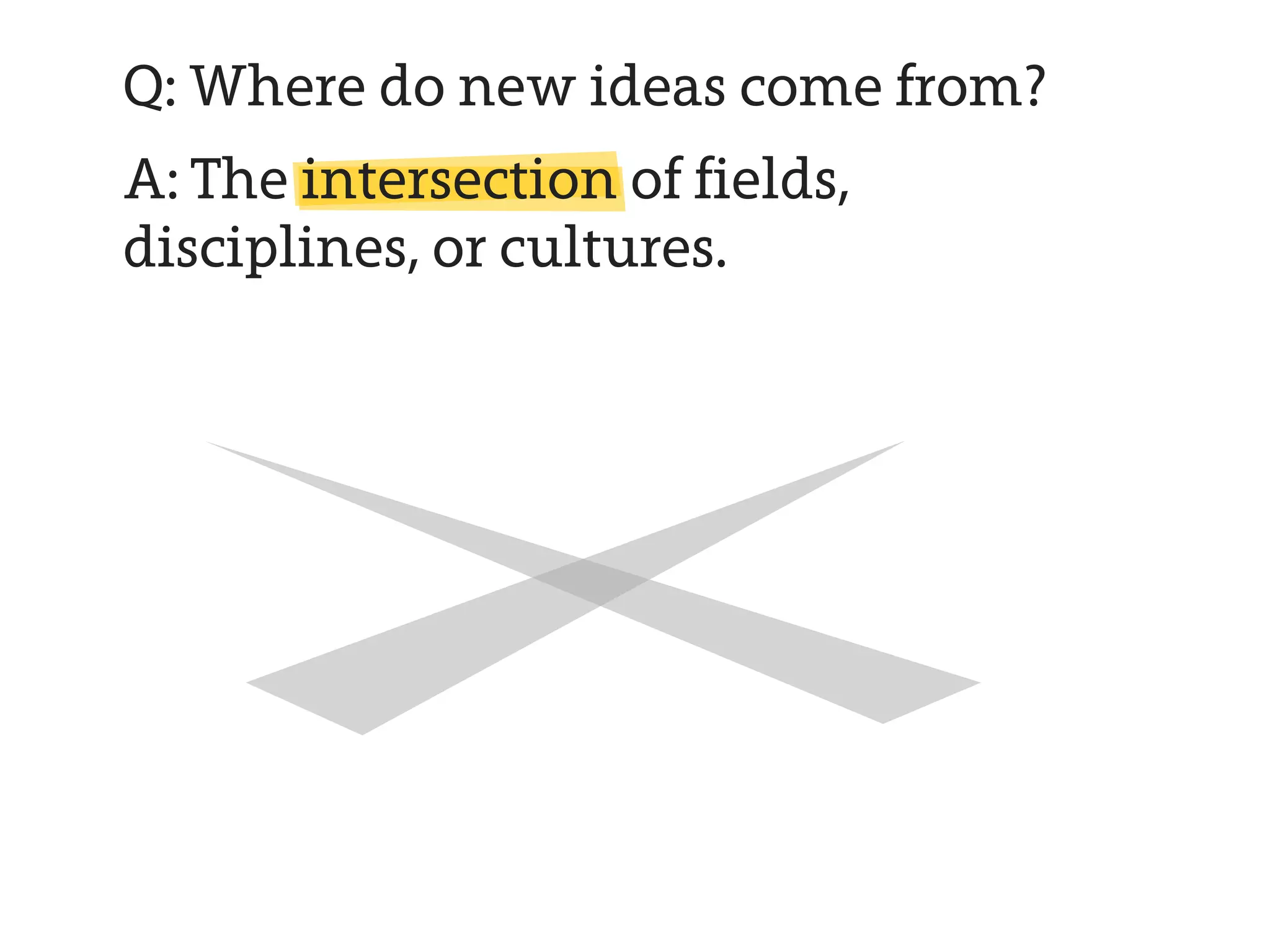 Q: Where do new ideas come from?
A: The intersection of fields,
disciplines, or cultures.
 