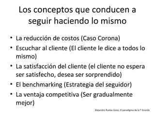 Los conceptos que conducen a
     seguir haciendo lo mismo
• La reducción de costos (Caso Corona)
• Escuchar al cliente (El cliente le dice a todos lo
  mismo)
• La satisfacción del cliente (el cliente no espera
  ser satisfecho, desea ser sorprendido)
• El benchmarking (Estrategia del seguidor)
• La ventaja competitiva (Ser gradualmente
  mejor)
                                Alejandro Ruelas Gossi, El paradigma de la T Grande
 
