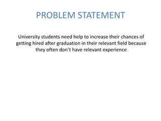 PROBLEM STATEMENT
University students need help to increase their chances of
getting hired after graduation in their relevant field because
they often don’t have relevant experience
 