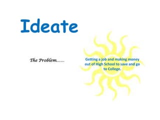 Getting a job and making money
out of High School to save and go
to College.
The Problem……
Ideate
 
