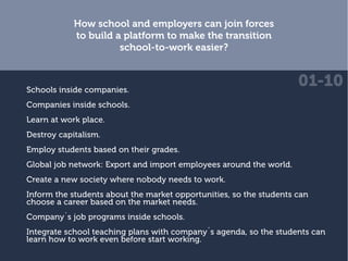 How school and employers can join forces
to build a platform to make the transition
school-to-work easier?
Schools inside companies.
Companies inside schools.
Learn at work place.
Destroy capitalism.
Employ students based on their grades.
Global job network: Export and import employees around the world.
Create a new society where nobody needs to work.
Inform the students about the market opportunities, so the students can
choose a career based on the market needs.
Company´s job programs inside schools.
Integrate school teaching plans with company´s agenda, so the students can
learn how to work even before start working.
01-10
 