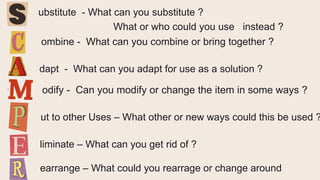 ubstitute - What can you substitute ?
What or who could you use instead ?
ombine - What can you combine or bring together ?
dapt - What can you adapt for use as a solution ?
odify - Can you modify or change the item in some ways ?
ut to other Uses – What other or new ways could this be used ?
liminate – What can you get rid of ?
earrange – What could you rearrage or change around
 