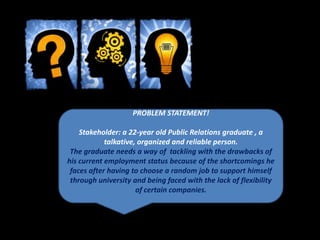PROBLEM STATEMENT!
Stakeholder: a 22-year old Public Relations graduate , a
talkative, organized and reliable person.
The graduate needs a way of tackling with the drawbacks of
his current employment status because of the shortcomings he
faces after having to choose a random job to support himself
through university and being faced with the lack of flexibility
of certain companies.
 