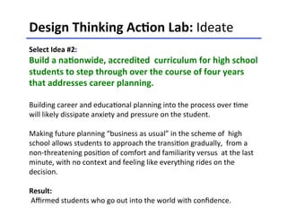 Design	
  Thinking	
  Ac-on	
  Lab:	
  Ideate	
  	
  
	
  
Select	
  Idea	
  #2:	
  	
  
Build	
  a	
  na-onwide,	
  accredited	
  	
  curriculum	
  for	
  high	
  school	
  
students	
  to	
  step	
  through	
  over	
  the	
  course	
  of	
  four	
  years	
  
that	
  addresses	
  career	
  planning.	
  	
  
	
  
Building	
  career	
  and	
  educa<onal	
  planning	
  into	
  the	
  process	
  over	
  <me	
  
will	
  likely	
  dissipate	
  anxiety	
  and	
  pressure	
  on	
  the	
  student.	
  	
  
	
  
Making	
  future	
  planning	
  “business	
  as	
  usual”	
  in	
  the	
  scheme	
  of	
  	
  high	
  
school	
  allows	
  students	
  to	
  approach	
  the	
  transi<on	
  gradually,	
  	
  from	
  a	
  
non-­‐threatening	
  posi<on	
  of	
  comfort	
  and	
  familiarity	
  versus	
  	
  at	
  the	
  last	
  
minute,	
  with	
  no	
  context	
  and	
  feeling	
  like	
  everything	
  rides	
  on	
  the	
  
decision.	
  	
  
	
  
Result:	
  
	
  Aﬃrmed	
  students	
  who	
  go	
  out	
  into	
  the	
  world	
  with	
  conﬁdence.	
  	
  
	
  
 
