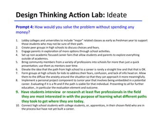 Design	
  Thinking	
  Ac-on	
  Lab:	
  Ideate	
  	
  
	
  
Prompt	
  4:	
  How	
  would	
  you	
  solve	
  the	
  problem	
  without	
  spending	
  any	
  
money?	
  
	
  
	
  
1.  Lobby	
  colleges	
  and	
  universi<es	
  to	
  include	
  “major”	
  related	
  classes	
  as	
  early	
  as	
  freshman	
  year	
  to	
  support	
  
those	
  students	
  who	
  may	
  not	
  be	
  sure	
  of	
  their	
  path.	
  
2.  Create	
  peer	
  groups	
  in	
  high	
  schools	
  to	
  discuss	
  choices	
  and	
  fears.	
  
3.  Engage	
  parents	
  in	
  explora<on	
  of	
  more	
  op<ons	
  through	
  school	
  ac<vi<es.	
  
4.  Set	
  up	
  non-­‐academic	
  focused	
  career	
  fairs	
  that	
  allow	
  students	
  and	
  parents	
  to	
  explore	
  everything	
  
outside	
  of	
  academics.	
  
5.  Bring	
  community	
  members	
  from	
  a	
  variety	
  of	
  professions	
  into	
  schools	
  for	
  more	
  than	
  just	
  a	
  quick	
  
presenta<on;	
  use	
  them	
  as	
  mentors	
  over	
  <me.	
  
6.  Elevate	
  the	
  idea	
  that	
  the	
  path	
  from	
  high	
  school	
  to	
  a	
  career	
  is	
  rarely	
  a	
  straight	
  line	
  and	
  that	
  that	
  is	
  OK.	
  
7.  Form	
  groups	
  at	
  high	
  schools	
  for	
  kids	
  to	
  address	
  their	
  fears,	
  confusion,	
  and	
  lack	
  of	
  info	
  head	
  on.	
  Allow	
  
them	
  to	
  the	
  diﬀuse	
  the	
  anxiety	
  around	
  the	
  situa<on	
  so	
  that	
  they	
  can	
  approach	
  it	
  more	
  meaningfully.	
  
8.  Implement	
  a	
  personal	
  project	
  component	
  to	
  Junior	
  year	
  that	
  involves	
  being	
  embedded	
  in	
  a	
  poten<al	
  
career.	
  Evalua<ng	
  if	
  it	
  is	
  a	
  ﬁt	
  and	
  if	
  the	
  path	
  is	
  viable	
  for	
  that	
  individual.	
  Presen<ng	
  to	
  all	
  for	
  further	
  
educa<on.,	
  in	
  par<cular	
  the	
  evalua<on	
  element	
  and	
  outcome.	
  	
  
9.  Have	
  students	
  interview	
  	
  or	
  research	
  at	
  least	
  ﬁve	
  professionals	
  in	
  the	
  ﬁeld	
  
they	
  are	
  most	
  interested	
  in	
  with	
  the	
  purpose	
  of	
  learning	
  what	
  diﬀerent	
  paths	
  
they	
  took	
  to	
  get	
  where	
  they	
  are	
  today.	
  	
  
10.  Connect	
  high	
  school	
  students	
  with	
  college	
  students,	
  or,	
  appren<ces,	
  in	
  their	
  chosen	
  ﬁeld	
  who	
  are	
  in	
  
the	
  process	
  but	
  have	
  not	
  yet	
  built	
  a	
  career.	
  	
  
 
