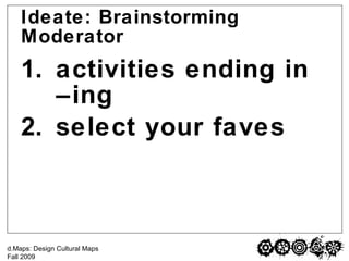Ideate: Brainstorming Moderator <ul><li>activities ending in –ing </li></ul><ul><li>select your faves </li></ul>